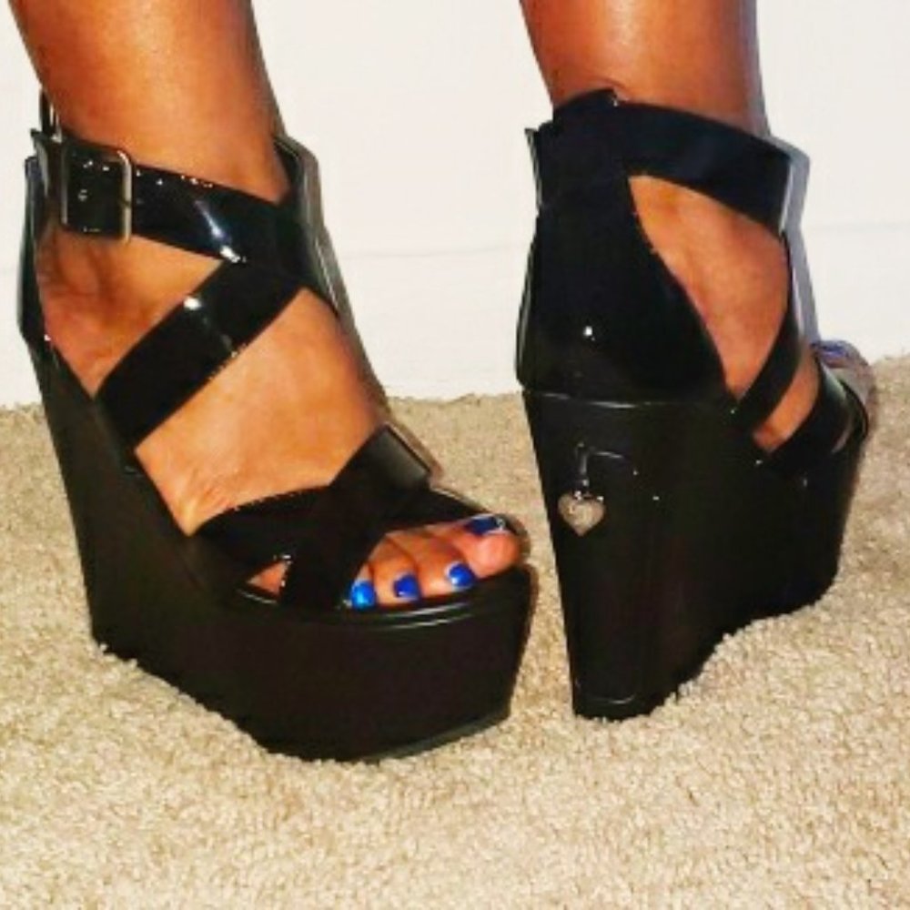 Patent Leather Crisscross Platform Wedge Heels